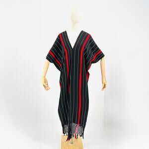 Handmade Black Red Stripe Long Ethnic Tribal Poncho with Fringe